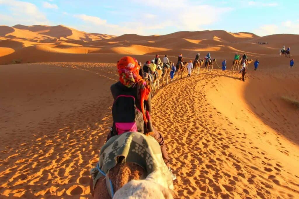 touristes sur des chameaux visitant le desert de merzouga
