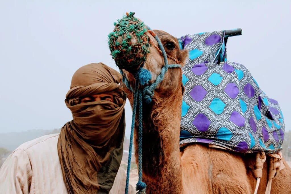 touristes avec un foulard à côté d´un chameau